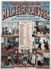 French theater poster from 1881-1882 advertising the drama 'Malheur aux Pauvres' by Alexis Bouvier at Théâtre du Château d'Eau in Paris with scenes from the play depicted in vignettes