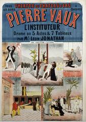 French lithograph theatre poster for 'Pierre Vaux L'Instituteur' drama at Theatre du Chateau d'Eau featuring five acts and seven tableaux with vignettes of execution, fire, convicts, and imperial prosecutor scenes