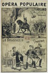 Vintage lithographic theatre poster for Opera Populaire, featuring medieval and 18th-century scenes with soldiers and a woman at an inn in Paris