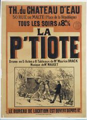 Lithographed poster for 'La P'tiote', a 5-act drama by Maurice Drack, depicting a dramatic scene with two men fighting with a stick and chair, two women in the background, and a carriage, from 1879 Paris theatre