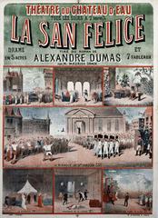 19th-century lithograph poster announcing the play La San Felice based on Alexandre Dumas' novel at Theatre du Chateau d'Eau, Paris