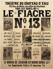 Vintage French lithographic poster for Théâtre du Chateau d'Eau in Paris advertising the play Le Fiacre by Jules Dornay, showing various dramatic scenes including a woman with a weapon, a cemetery, and a coachman.