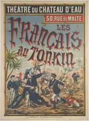 Vintage French lithographic poster for Théâtre du Chateau d'Eau in Paris depicting a dramatic battle scene related to French involvement in Tonkin, Indochina