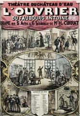 Vintage lithographic theatre poster for 'L'Ouvrier du Faubourg Antoine' drama by Henri Currat, featuring scene vignettes such as family in cemetery and workers fighting