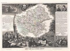 1852 historical map of Loire Inferieure, France, showcasing Muscadet wine region with decorative engravings and regional history