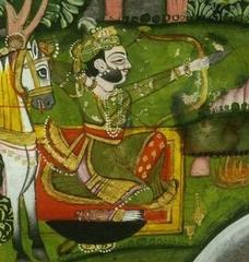 18th century miniature painting of Raja shooting two deer by a river with his horse standing beside him, a woman swimming in the river, and a house on the riverbank