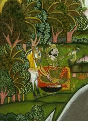 18th century miniature painting depicting Raja Rai Diyach shooting deer near a river with his horse beside him and a lady swimming to cross the river, with a house in the background