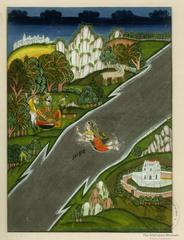 Raja shooting deer near river with horse standing beside him and woman swimming in river