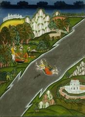 18th century miniature painting of Raja Rai Diyach shooting deer near a river with his horse standing beside him, a lady swimming in the river, and a house on the riverbank