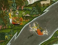 18th century miniature painting of Raja Sorath Rai Diyach shooting deer near a river with his horse and a woman swimming across the river