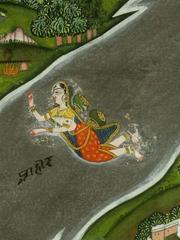 18th century miniature painting of Raja shooting deer by a river with his horse nearby and a woman swimming in the river