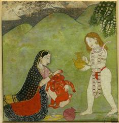 18th century Kangra miniature of Hindu god Shiva pouring water from kamandalu on baby Ganesha in Himalayan landscape, with Parvati supporting Ganesha adorned with jewels