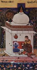 Portrait of an Indian painter from around 1625, dressed in traditional attire with intricate details