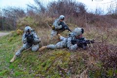U.S. Army paratroopers from 173rd Airborne Brigade patrolling hilltop during training in Longare Complex, Vicenza, Italy