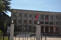 A street scene in Tirana in July 2017 with colorful buildings and people walking