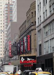 Ambassador Theatre in New York City exterior with marquee for Chicago in May 2010