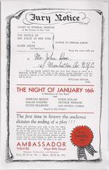Back of a flyer advertising the Broadway play Night of January 16th by Ayn Rand