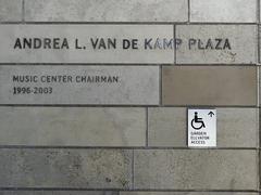 Andrea Van de Kamp Plaza in Los Angeles with palm trees and urban buildings in July 2022