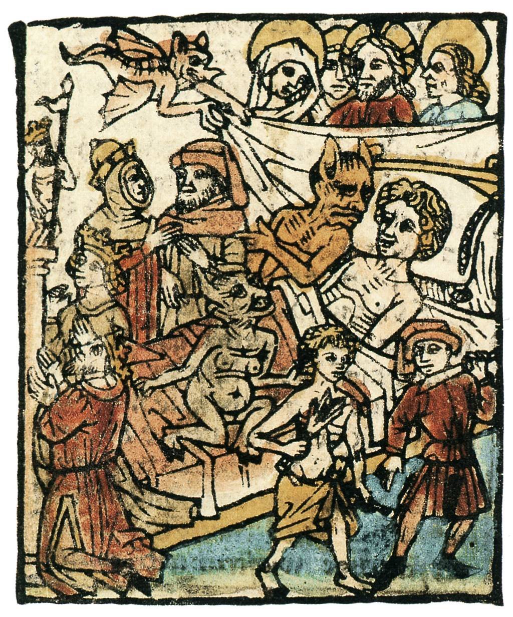 Historical illustration titled 'Anfechtung des Glaubens' depicting a dramatic religious or philosophical scene