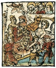 Historical illustration titled 'Anfechtung des Glaubens' depicting a dramatic religious or philosophical scene