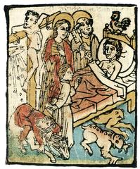 Historic black and white illustration depicting a scene of despair and comfort