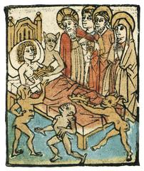 Historical illustration depicting medieval legal dispute with two men engaged in confrontation