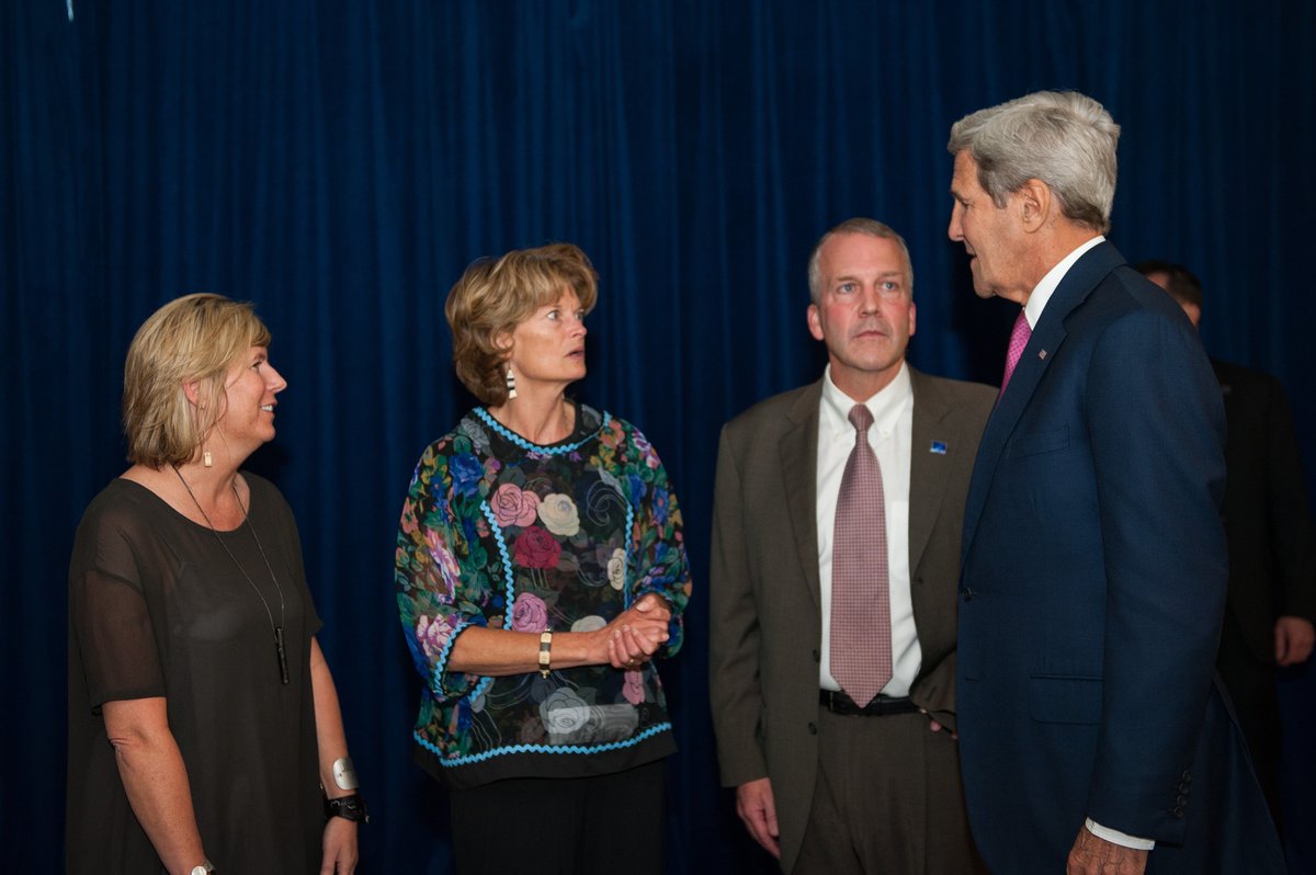 U.S. Secretary of State John Kerry talking with U.S. Senators Lisa Murkowski and Dan Sullivan at GLACIER Conference welcome reception in Anchorage, Alaska