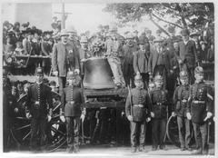 The Liberty Bell displayed at Bunker Hill, Boston in June 1903, historical black and white photograph