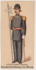Vintage cigarette card showing Major of the Ancient and Honorable Artillery Company in Waltham, Massachusetts