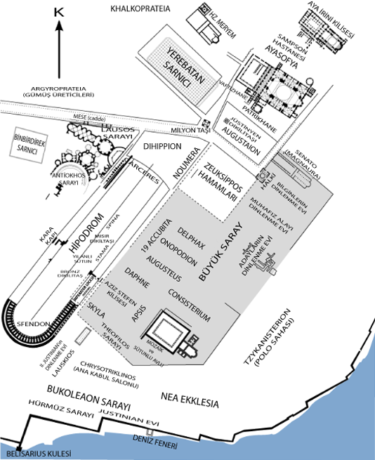 Map of the imperial district of Byzantine Constantinople highlighting the Great Palace, Hippodrome, Hagia Sophia, and main building locations