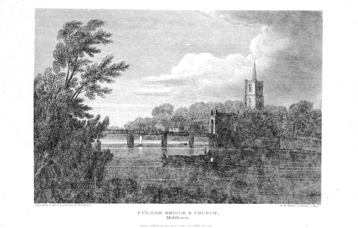 Fulham Bridge and Church in Middlesex in 1820