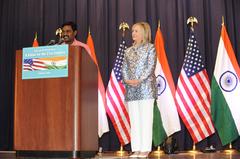 Chief Librarian Naresh introducing U.S. Secretary of State Hillary Rodham Clinton at Anna Centenary Library in Chennai