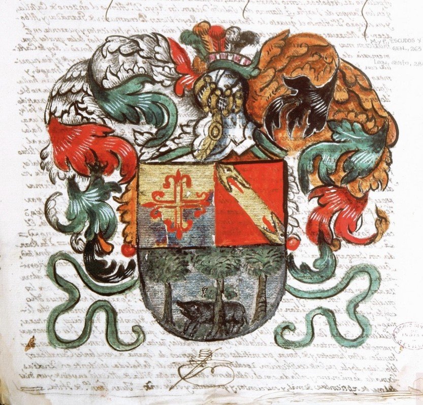 Heraldic coat of arms of the Arboleda family painted in watercolor and ink on paper