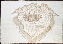 Aerial view illustration of Nuestra Señora de las Mercedes de Manso population in Maule corregimiento, 1744