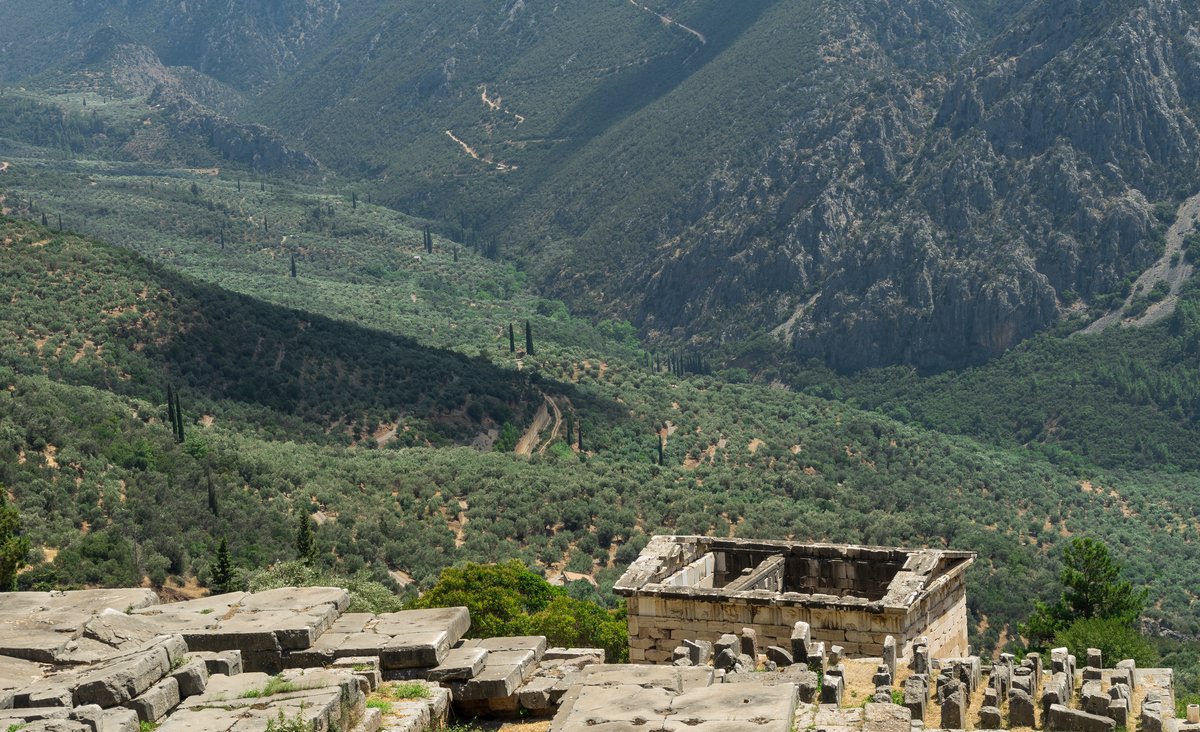 Valley of Delphi seen from above the Treasury of the Athenians in Greece