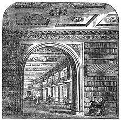 Historic Boston Athenaeum building in 1851 with classical architecture and horse-drawn carriages in front