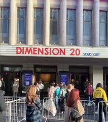 Front view of the Eventim Apollo theatre in London with signage for Dimension 20 during the Time Quangle event