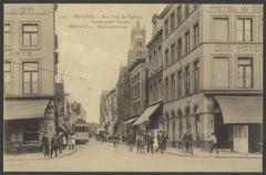 Historic street scene from Place de la Station showing tram line 4 Station-Dampoort, man on a bicycle, horse-drawn carriage, and notable buildings including Café Brouwershuis, Hotel du Comte de Flandre, and Hotel du Singe d'Or