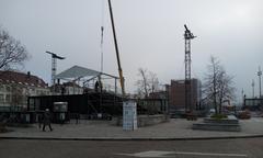 Construction of Warmste Week 2023 event infrastructure in 't Zand, Brugge, Belgium