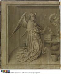 Annunciation Angel painting with vibrant colors and detailed feathered wings