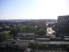 Liverpool skyline viewed from Liverpool Art & Design Academy under a partly cloudy sky