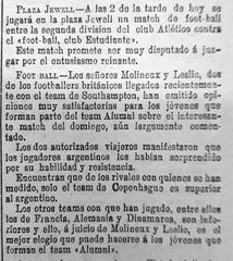 Historical soccer match poster announcing Rosario A.C. vs Estudiantes at Plaza Jewell with British players praising Alumni A.C.
