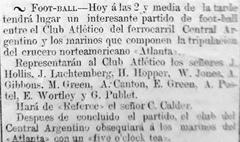 Historical press announcement of football match between Rosario Central and crew of American ship Atlanta in 1902