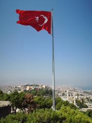 Flagpole of Kadifekale at sunset in İzmir Turkey