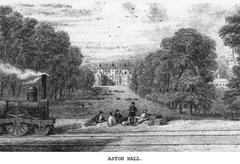 Historical image of Aston Hall in Birmingham with a train on the London and North Western Railway Birmingham-Walsall line in 1851