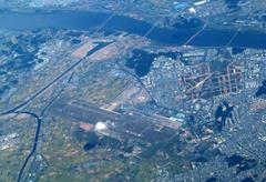 Aerial view of Gimpo International Airport in Seoul with runways and terminal buildings