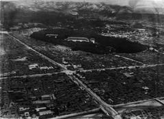 Aerial photograph of Jongmyo Shrine and Gyeongbokgung Palace area in Jongno-gu, Seoul during Japanese colonial period