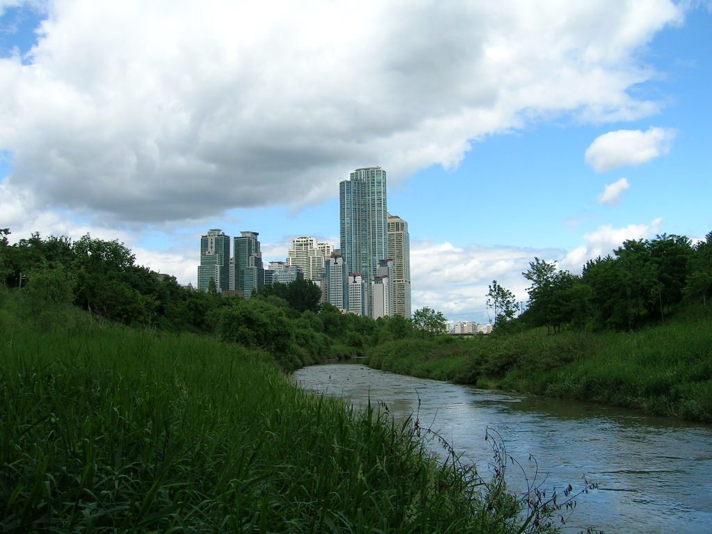 Panoramic view of Seoul city skyline with a cloudy sky