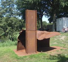 Abstract colorful public artwork installed in an outdoor urban setting in Amsterdam