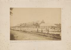 Construction of purification houses at the Imperial Continental Gas-Association's Westergasfabriek site at Haarlemmerweg 4-10 seen from Haarlemmerweg over Haarlemmervaart in 1884